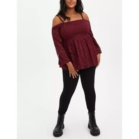 torrid Tops - Torrid Top Womens 2X Burgundy Babydoll Lace Smocked Cold Shoulder Feminine